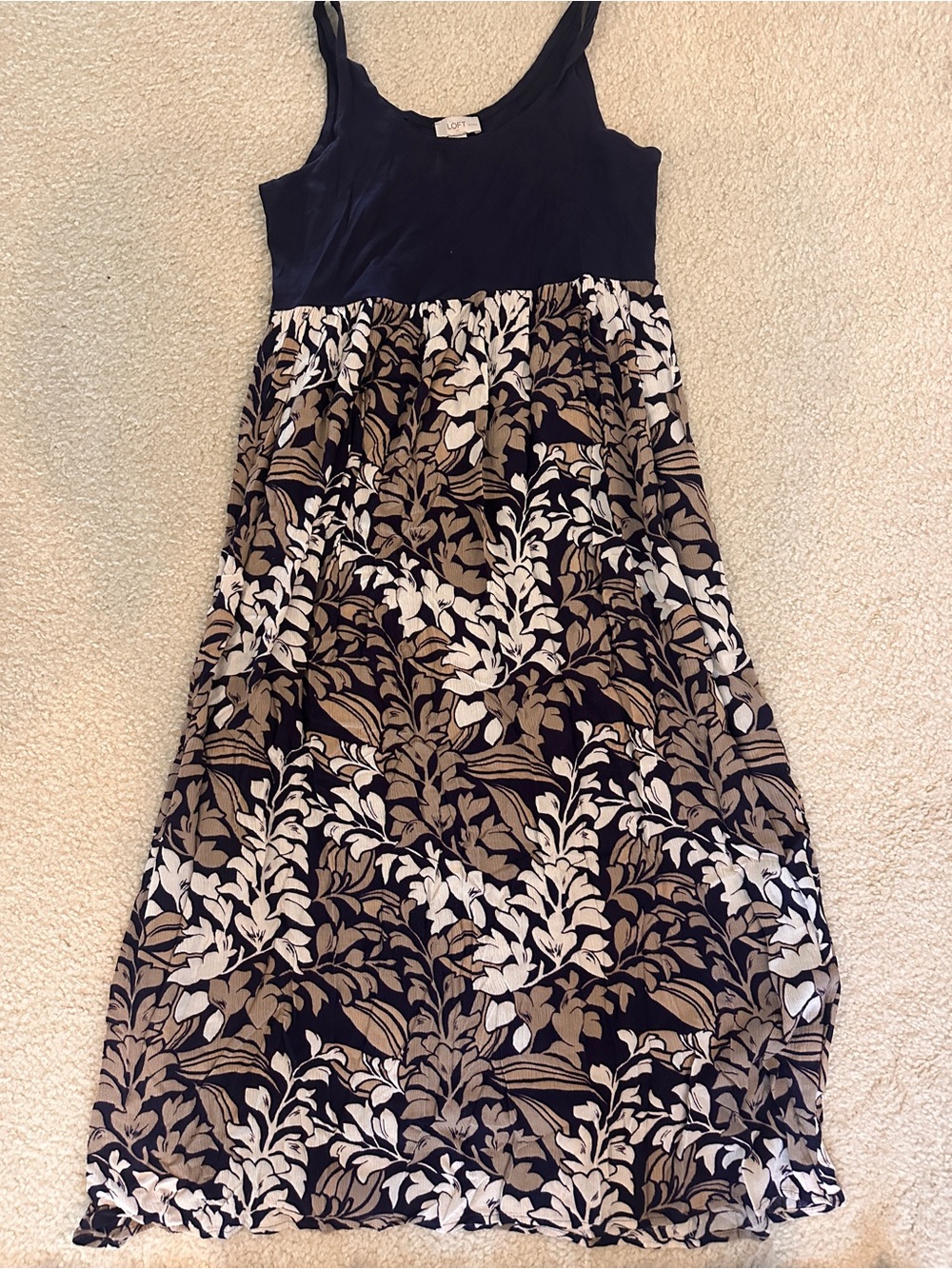 LOFT Black Tank Maxi Dress with Tan & White Floral Skirt